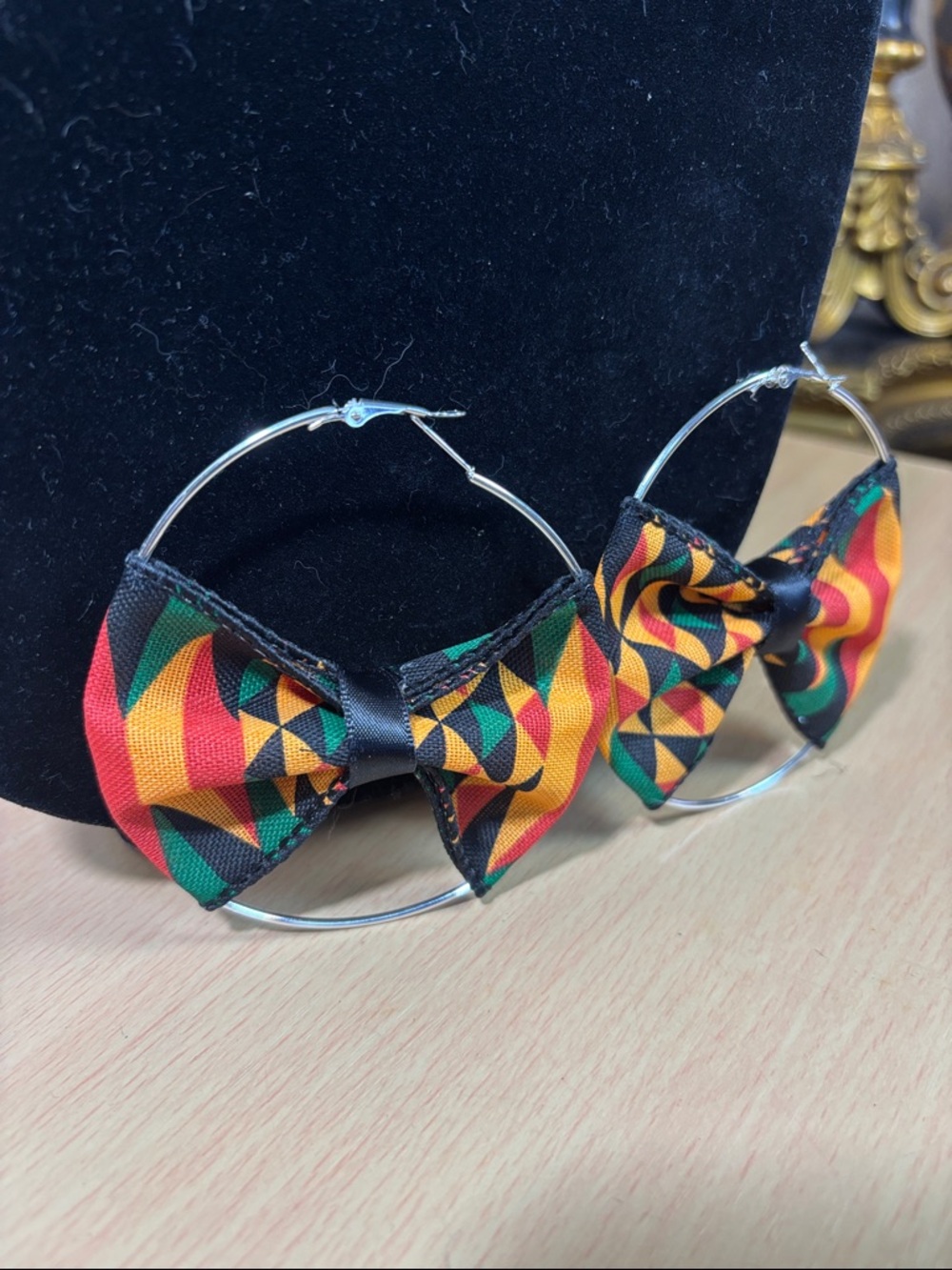 Hand Crafted Multicolor Geometric Bow Hoop Earrings - Green, Yellow & Red